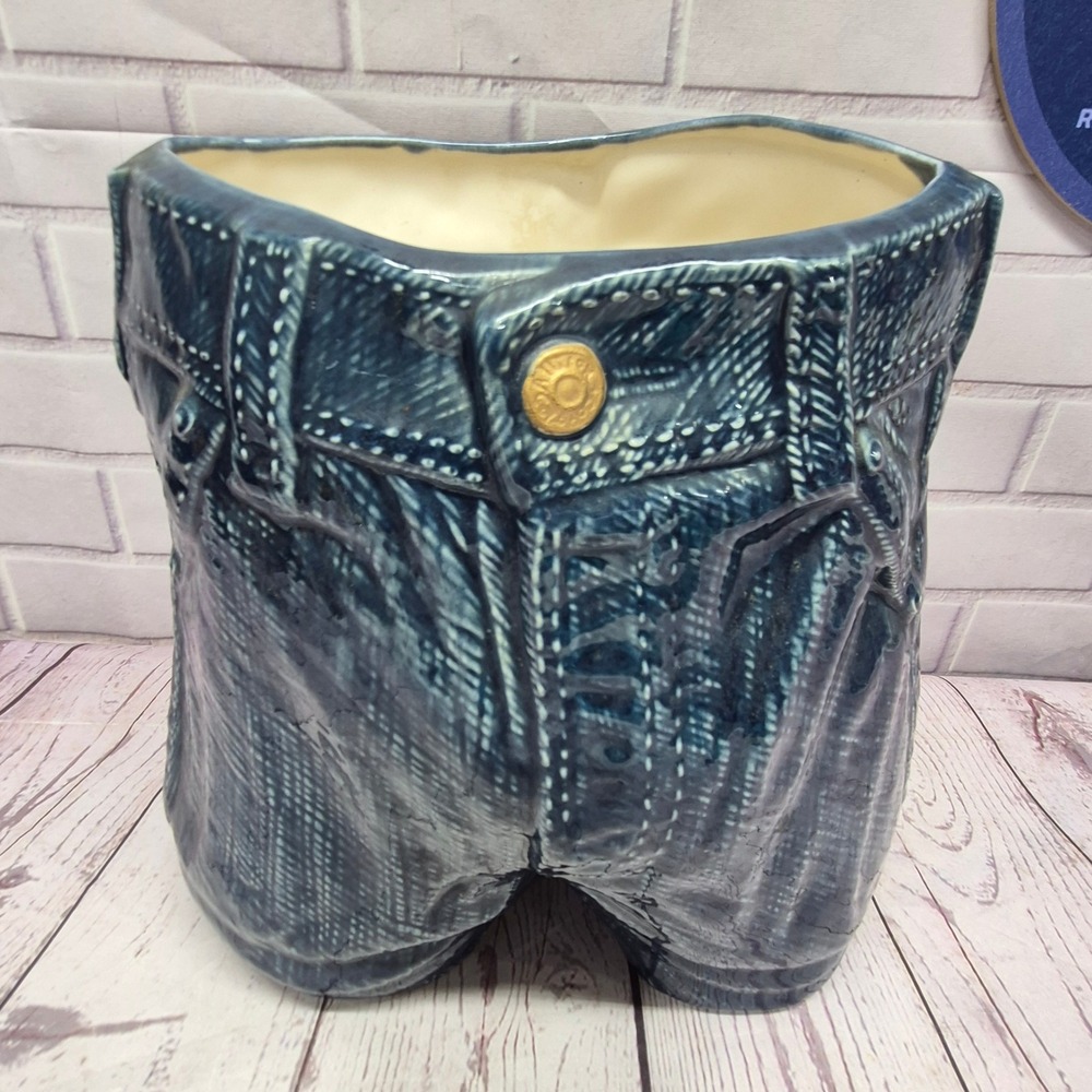 Vintage Donna Jones Studio Pottery Denim Blue Jeans Shorts Ceramic Planter Vase